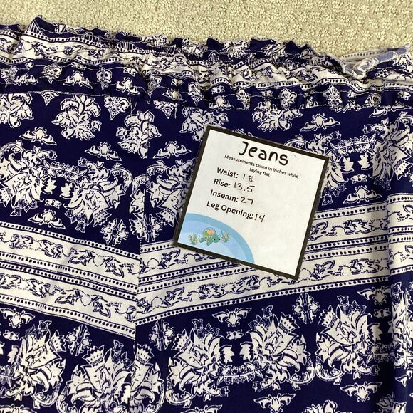 Poof! Boho Wide Leg Lounge Pants Blue White Print Elastic Waist (Read Notes) - Picture 5 of 5